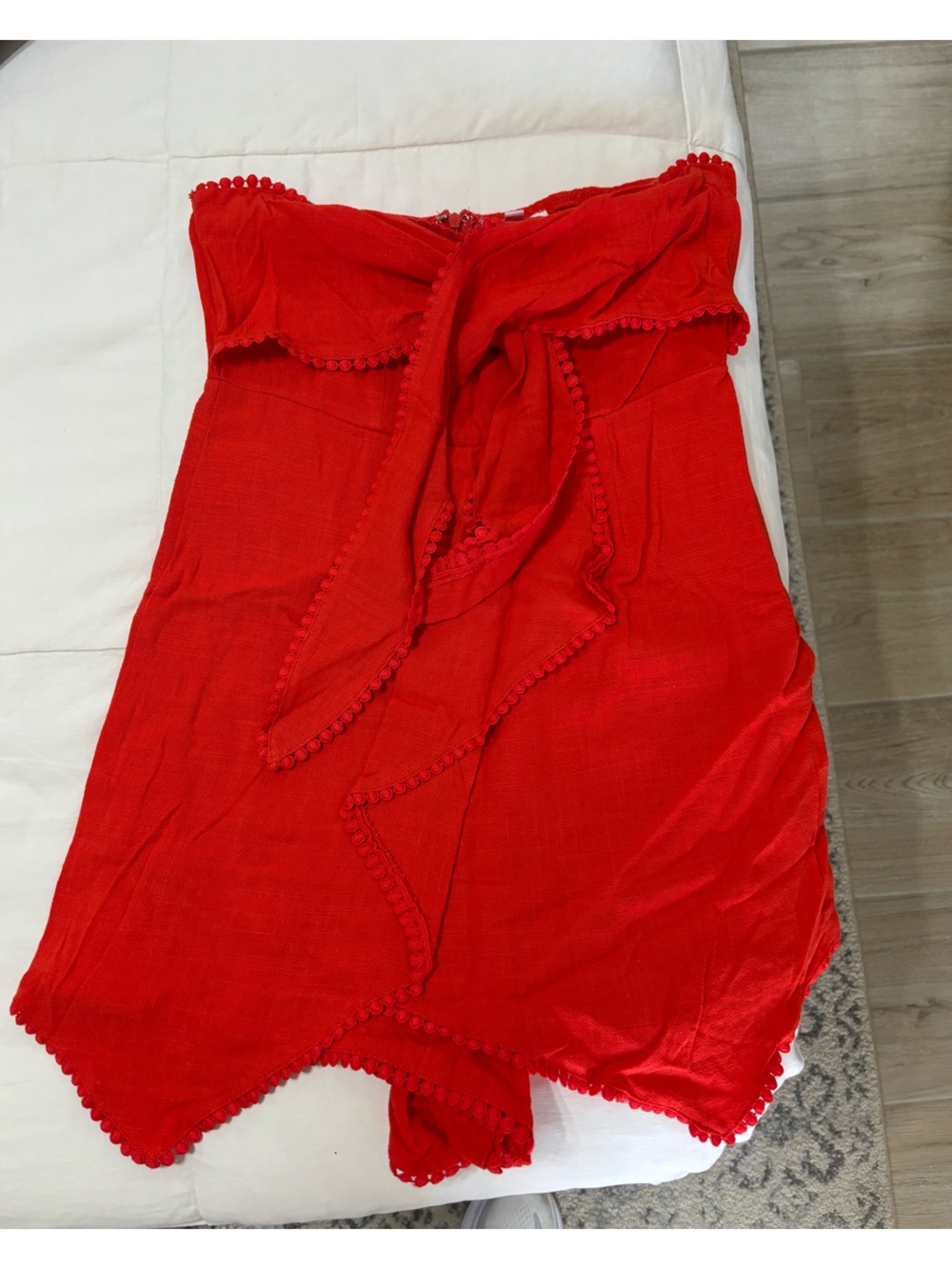 Pink Lily Red Strapless Romper with Pom-Trim Detail